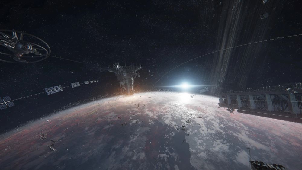 Image taken from orbit above a planet, with large amount of debris from destroyed structures. a number of artificial rings circle the planet, and on the left a large eye-shaped satellite is seen. In the distance there is an enormously huge tower rising from the planet's surface well into space. The background is filled with stars and the planet's own natural rings.