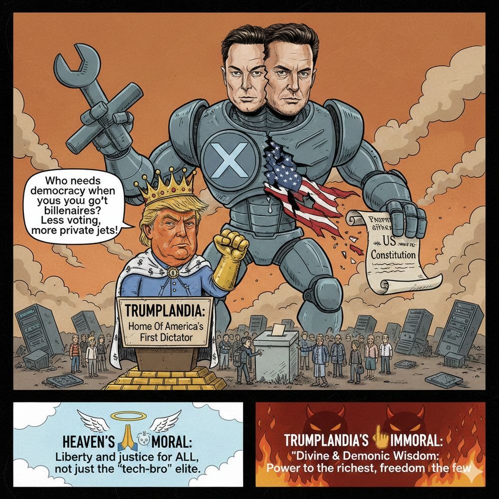 In Trumplandia.....Home Of America's First Dictator And 19th Century Backward Thinker Who Rules With A Golden Fist✊Says: 

🇺🇸🏛️🏴‍☠️👑🎃👐💬​​"Who Needs Democracy When You've Got Billionaires? Less voting, MORE PRIVATE JETS!"

Divine & Demonic Wisdom:
​HEAVEN'S🙏🪉😇MORAL: "LIBERTY AND JUSTICE FOR ALL, NOT JUST THE "TECH-BRO" ELITE!"

TRUMPLANDIA'S😈🔥🖕IMMORAL: "DIVINE & DEMONIC WISDOM:" POWER TO THE RICHEST, FREEDOM TO THE FEW!"