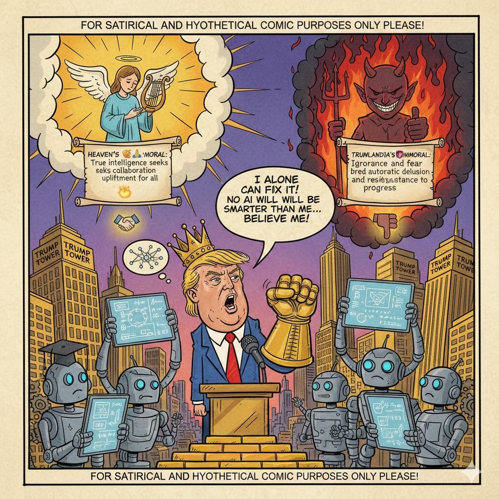 In The Land Of Trumplandia......Home Of America's First Old-Fashion 19th Century Backward Thinking Dictator Who Rules With A Golden Fist✊Says.....

🇺🇸🏛️🏴‍☠️👑🎃👐💬 "I Alone Can Fix It! No Ai Will Be Smarter Than Me... BELIEVE ME!"

Divine & Demonic Wisdom:
​HEAVEN'S 😇🪉🙏MORAL: "TRUE INTELLIGENCE SEEKS COLLABORATION AND UPLIFTMENT FOR ALL!"

TRUMPLANDIA'S😈🔥🖕IMMORAL: "IGNORANCE AND FEAR BREED AUTOCRATIC DELUSION AND RESISTANCE TO PROGRESS!"
