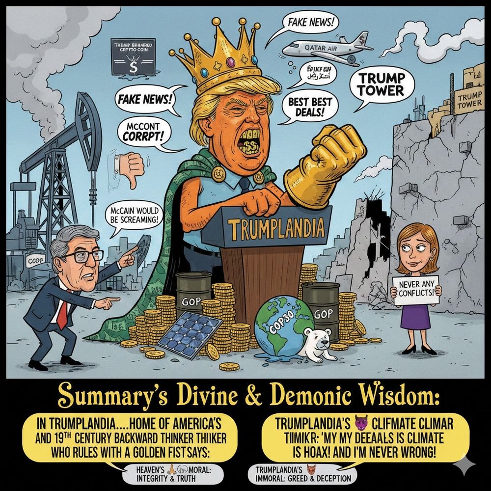 In Trumplandia.....Home Of America's First Dictator And 19th Century Backward Thinker Who Rules With A Golden Fist✊Says: 

🇺🇸🏛️🏴‍☠️👑🎃👐💬​​ "My Deals Are Always Best, Climate Change Is Fake, And I'm Never Wrong!"

​Summary's Divine & Demonic Wisdom:
HEAVEN'S🙏🪉😇MORAL: "INTEGRITY & TRUTH!"

TRUMPLANDIA'S😈🔥🖕IMMORAL: "GREED & DECEPTION!"

