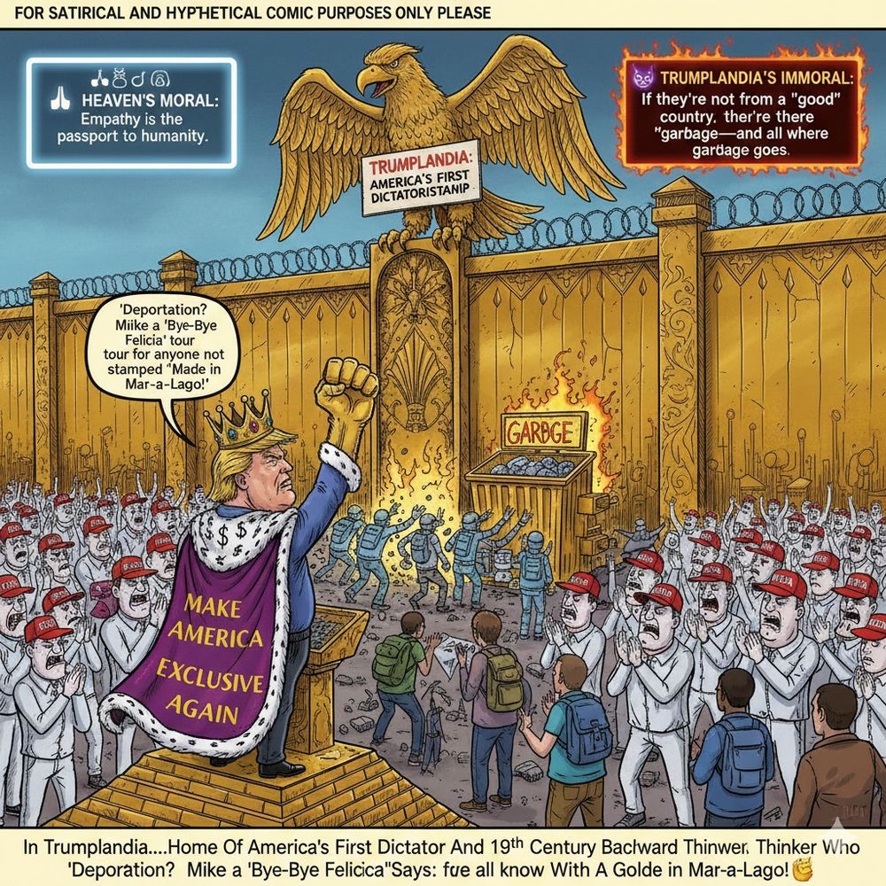 In Trumplandia.....Home Of America's First Dictator And 19th Century Backward Thinker Who Rules With A Golden Fist✊Says: 

🇺🇸🏛️🏴‍☠️👑🎃👐💬​​ "DEPORTATION? More Like A 'BYE-BYE FELICIA' Tour For Anyone Not Stamped 'Made In Mar-a-Lago!'"

​📜Divine & Demonic Wisdom:
​HEAVEN'S🙏🪘😇MORAL: "EMPATHY IS THE PASSPORT TO HUMANITY!"

TRUMPLANDIA'S😈🔥🖕IMMORAL: IF THEY'RE NOT FROM A "GOOD" COUNTRY, THEY'RE "GARBAGE"—AND WE ALL KNOW WHERE GARBAGE GOES!"