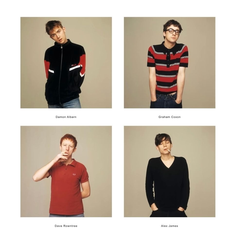 Four individual portrait photos of the members of Blur c.1994