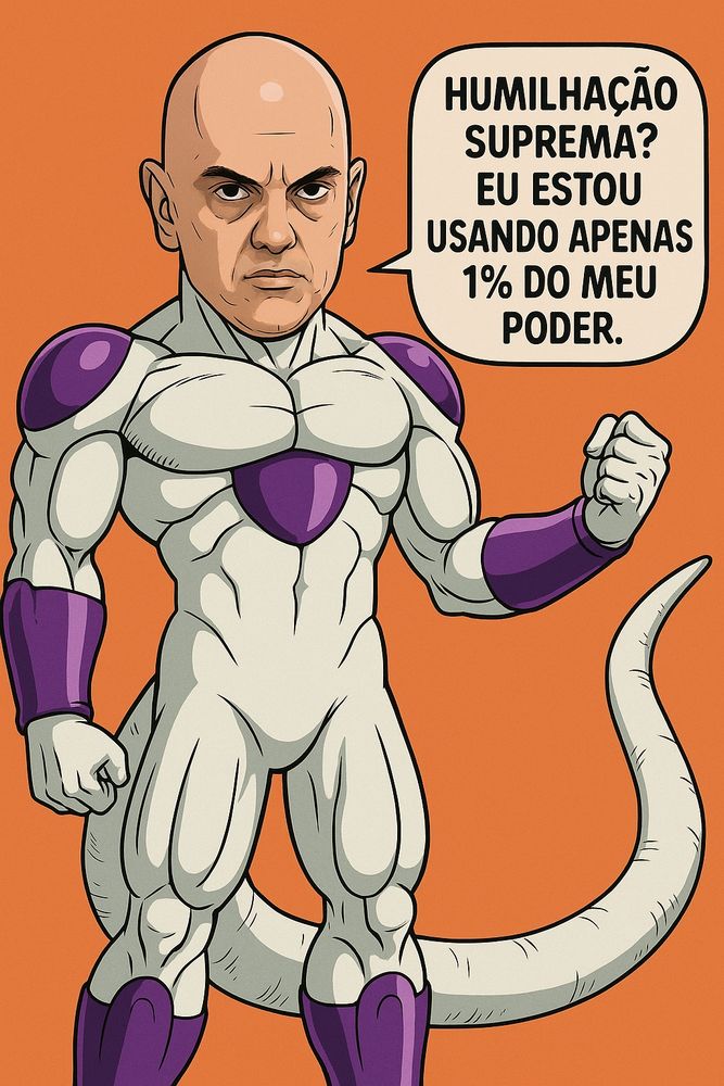Imagem humorística e cartunesca de Alexandre de Moraes com o corpo do personagem Freeza da série Dragon Ball Z. A cabeça realista do ministro está sobre o corpo estilizado do vilão, com expressão de superioridade. Ele aparece dizendo a frase: "Humilhação suprema? Eu estou usando apenas 1% do meu poder". A arte mistura política e cultura pop de forma irônica.
