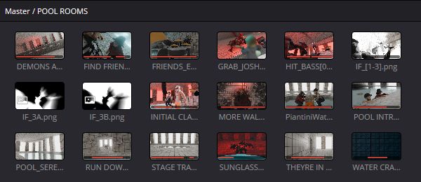 A collection of clips in DaVinci Resolve in alphabetical order, completely divorced from the actual chronological order of the clips but with thumbnails this time.