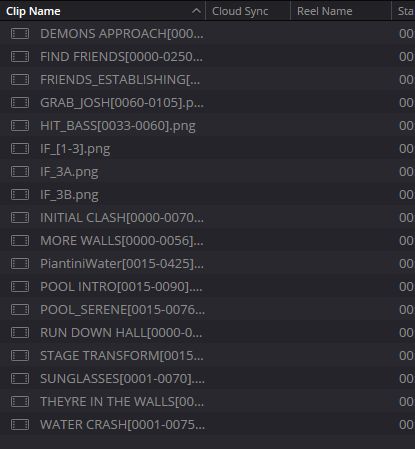 A collection of clips in DaVinci Resolve in alphabetical order, completely divorced from the actual chronological order of the clips.