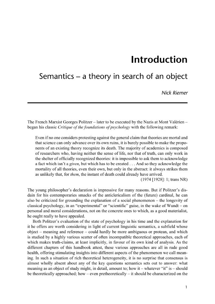 Book chapter: "Introduction: Semantics - a theory in search of an object" by Nick Riemer. 