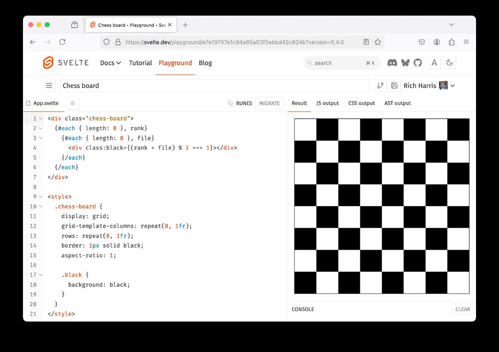 screenshot of a svelte.dev/playground demo that uses the new each-without-as feature to render a chessboard