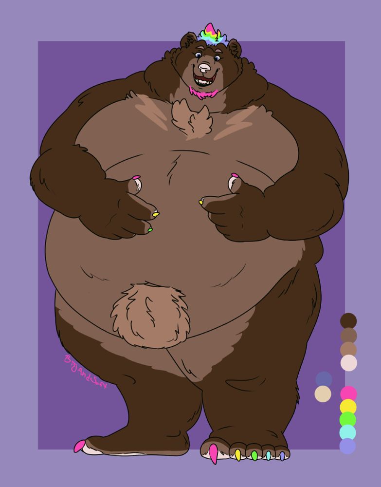 J, a fat brown bear with rainbow hair and painted claws, stands facing the viewer. He is looking down at himself while smiling, holding his palms open upwards over his belly. His palette colors are off to the side of this mini reference sheet.