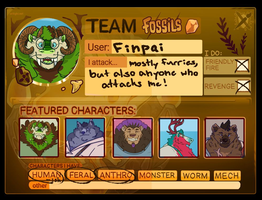 An Art Fight card for Team Fossils, with anthro furry characters as the featured characters. The "I Do... Friendly Fire and Revenge" boxes are checked. Humans, Feral, and Anthro characters tags are circled.
