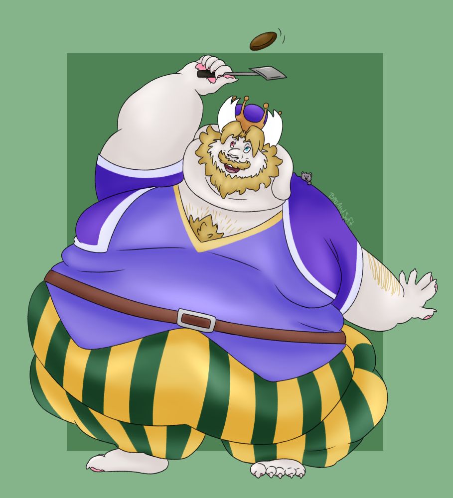 Angus is a fat white goat with yellow hair, mustache, and beard. He stands holding his left hand behind him while his right flips a burger patty above his head with a spatula. He is wearing a gold and purple crown and a royal purple coat. Underneath he wears a lighter purple shirt with gold trim, striped yellow and green pants, and a brown belt. A small grey mouse peeks over his shoulder.