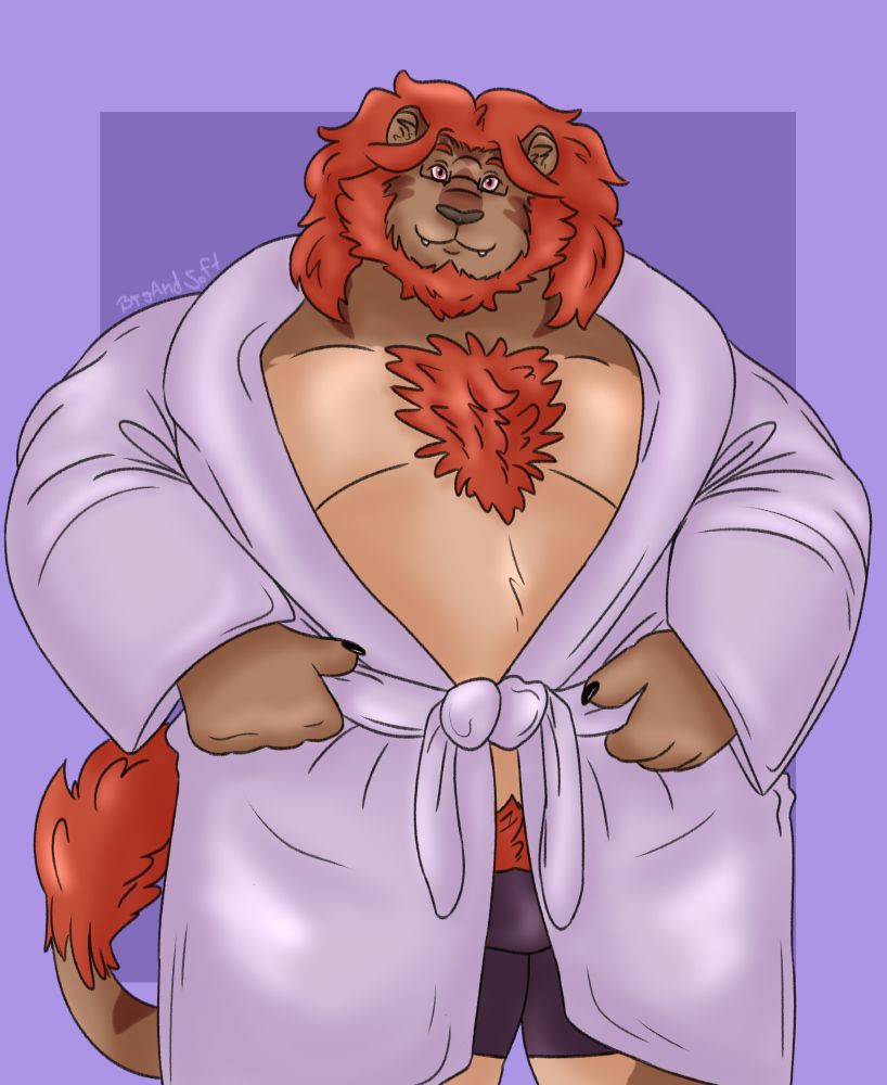 Timid is a fat brown lion with wild red hair. He wears a small set of square lenses, an oversized lavender robe, and dark purple boxers. The robe is tied around his belly, and he holds onto the tie as if threatening to loose it. 