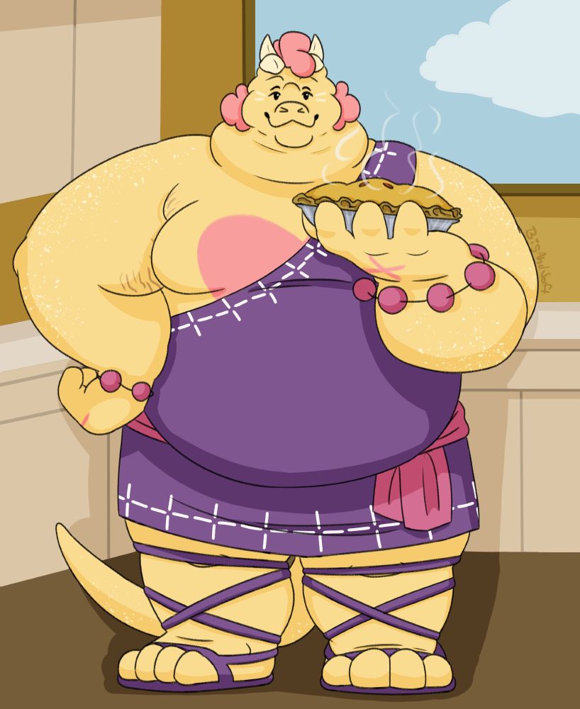 Lum is a fat yellow dragon-like cupid with pink accents. He wears a purple toga with purple sandals and pink bracelets. He is smiling, standing in a kitchen and holding a fresh pie in one of his hands while the other is propped against his hip.