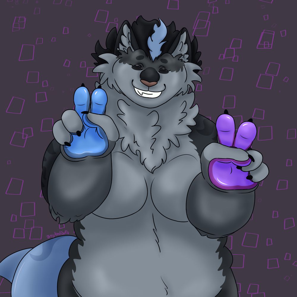 Strider, a chubby grey cat/dolphin/enderman hybrid, faces the viewer with her eyes closed and a wide smile. She holds up both of her paws flashing peace signs. Visually she is more cat-based but has a dolphin tail and enderman tendencies.