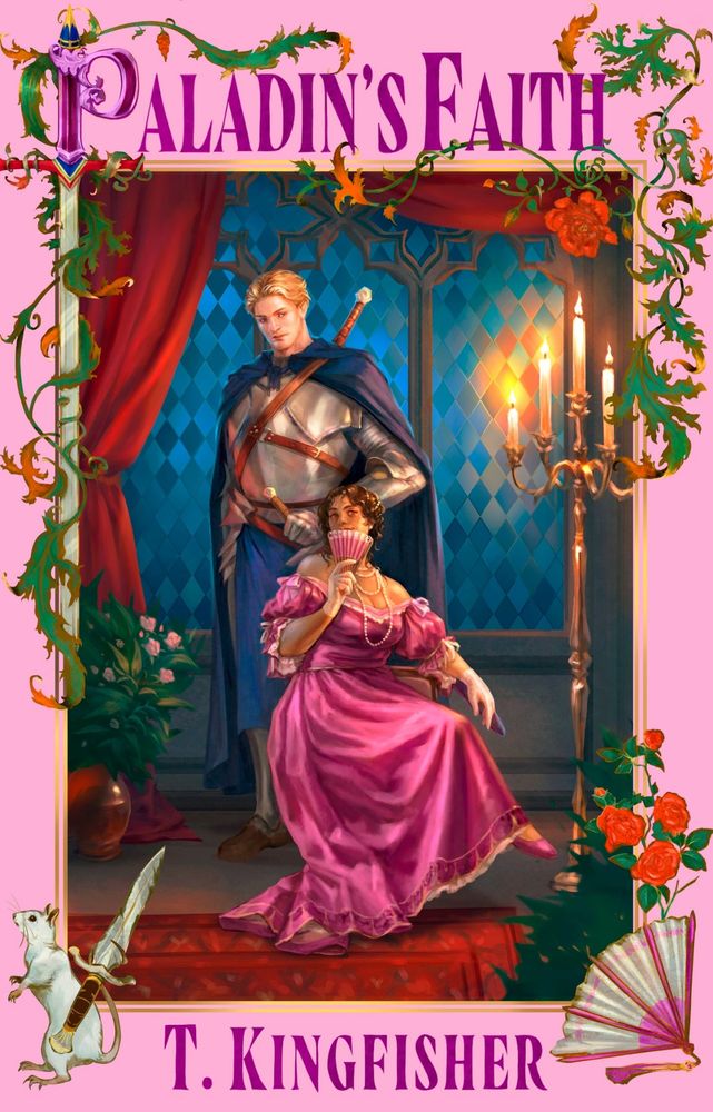 Cover von Paladins Faith. Der Rahmen ist rosa. Im Mittelpunkt sitzt eine Frau in langem rosa Kleid, hinter ihr ein Ritter.