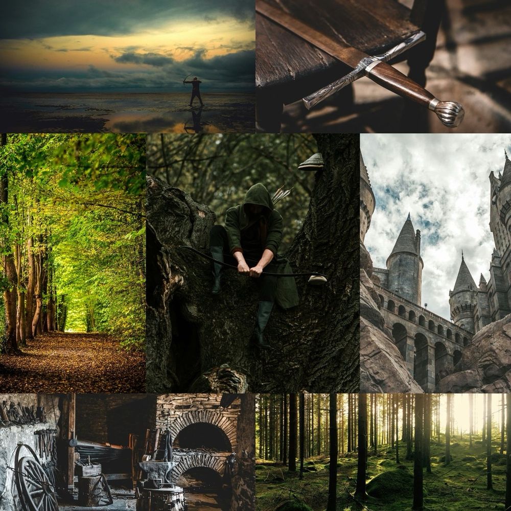 Top left: an archer takes aim with a bow and arrow
Top right: a medieval claymore sword
Middle left: a path through a forest
Middle: Robin Hood sitting in a tree
Middle right: a medieval castle
Bottom left: a medieval blacksmith's forge
Bottom right: a mysterious forest