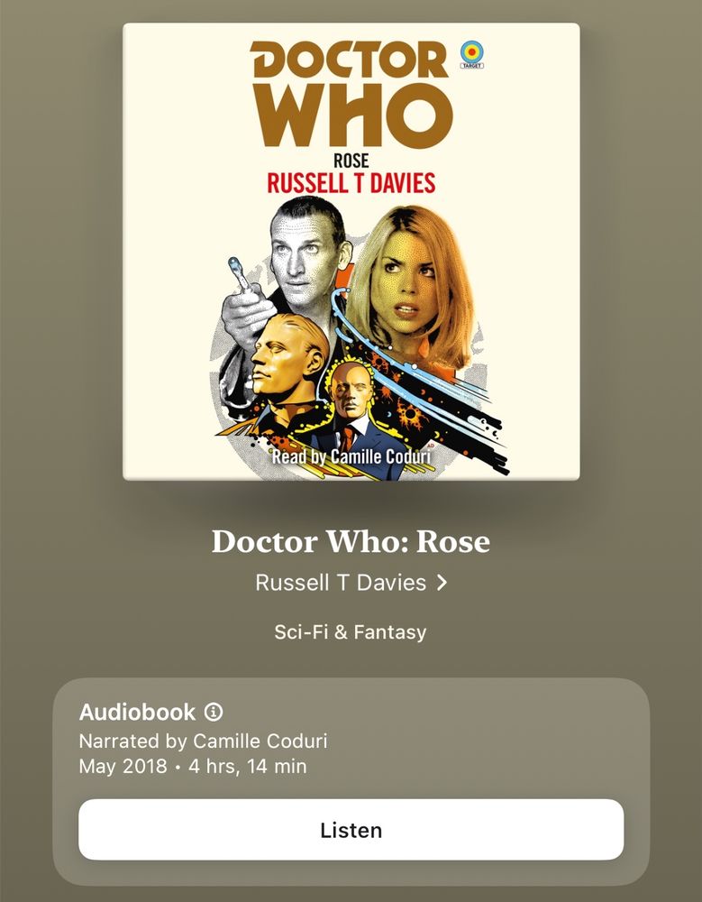 Das Hörbuch zu „Doctor Who - Rose“, geschrieben von Russell T Davies und gelesen von Camille Coduri. Es dauert 4 Stunden und 14 Minuten.