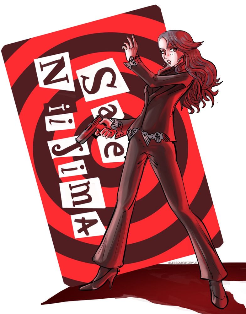 Sae Niijima brandishing a gun in front of a calling card 