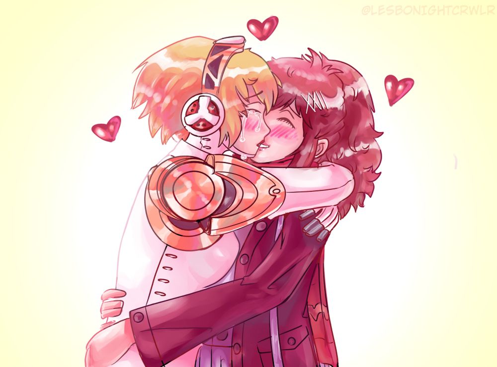 An older Aigis hugs Kotone and kisses her 