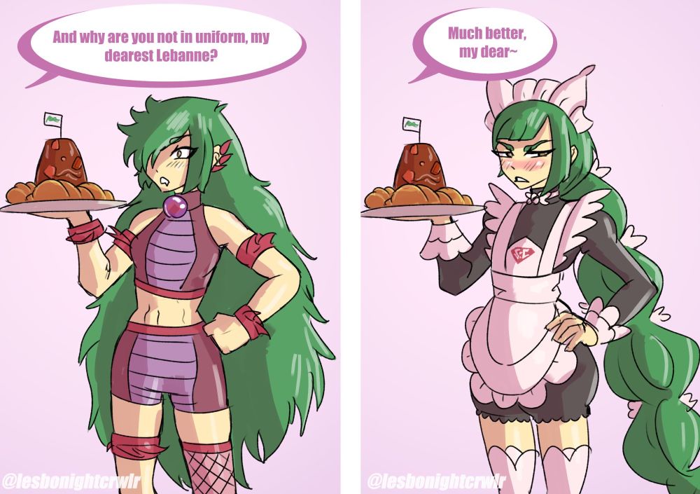 Panel 1: Lebanne in her usual outfit walks in carrying food for Jacinthe.

Jacinthe: And why aren't you in uniform, my dearest Lebanne?

Panel 2: Lebanne is in her maid outfit as she walks in with her food, with an annoyed expression.

Jacinthe: Much better, my dear~