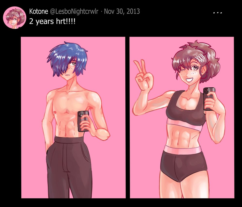 Kotone posting a transition timeline, on the left is her starting HRT and on the right is her after 2 years, looking like her in-game counterpart but a couple years older. 
