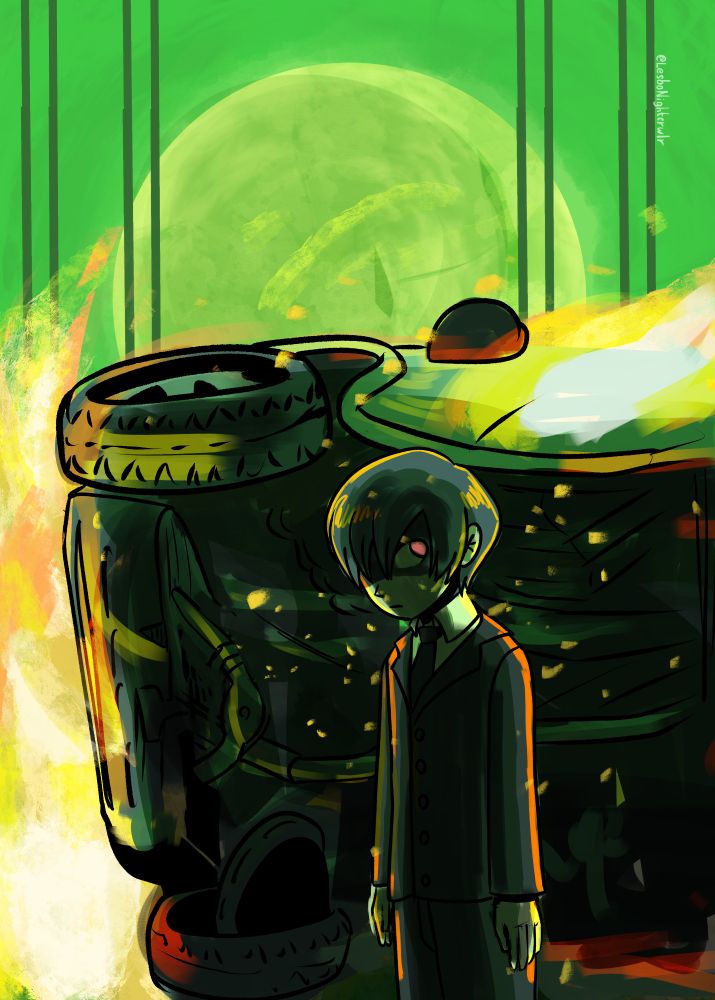 A young child that looks like Makoto stands in front of a crashed car on fire on the Moonlight Bridge. 