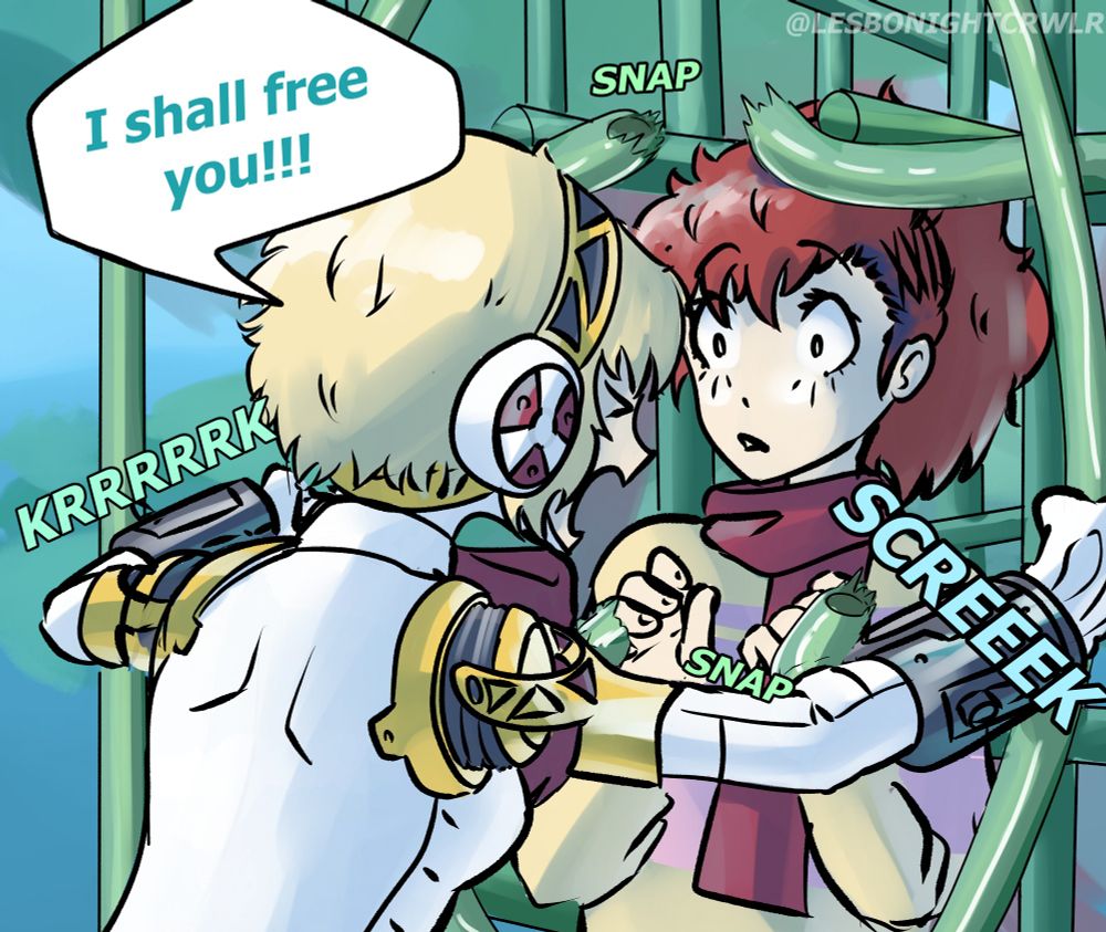 Panel 2: 

Aigis bends the bars and snaps some of the rungs: I shall free you!!