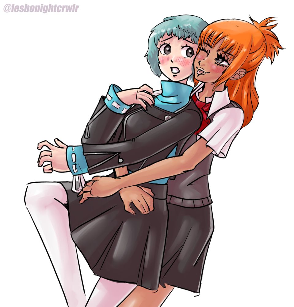 Fuuka is surprised as Natsuki embraces her from behind. 