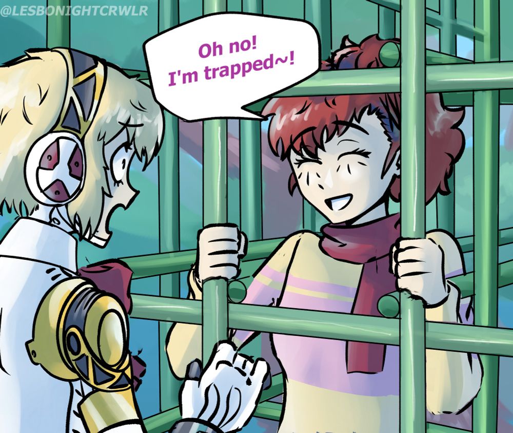 Panel 1:

Kotone, pretending to be stuck in a jungle gym: Oh no, I'm trapped!

Aigis freaks out.
