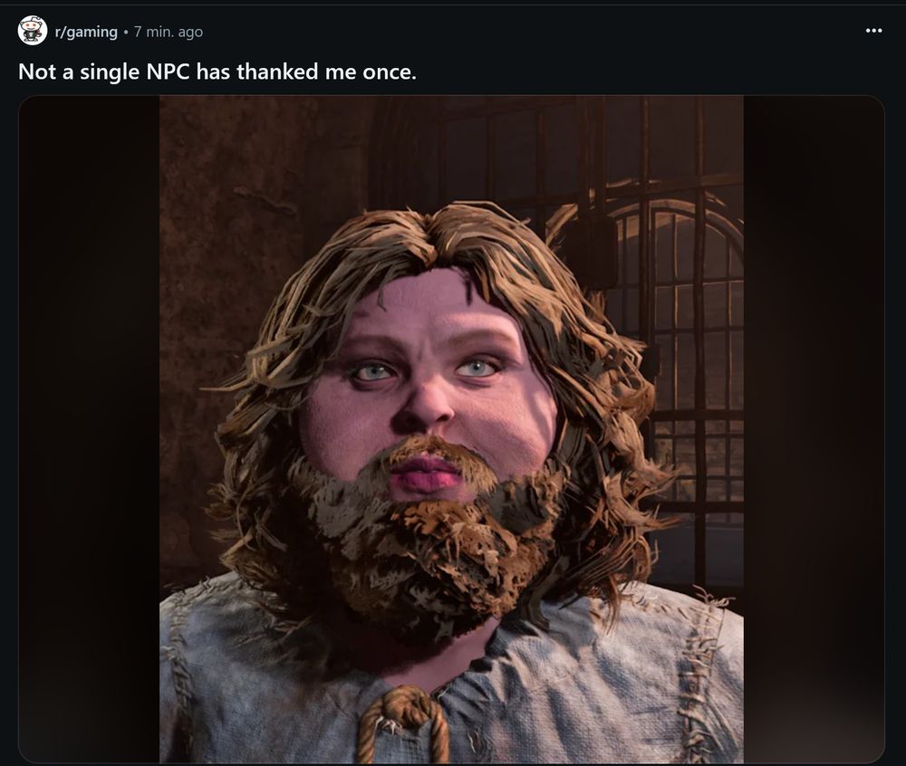 A reddit post from r/gaming with the caption "Not a single NPC has thanked me once" and an image from the character creation process. The image looks similar to the JD Vance memes where his face is chubby and uncanny.