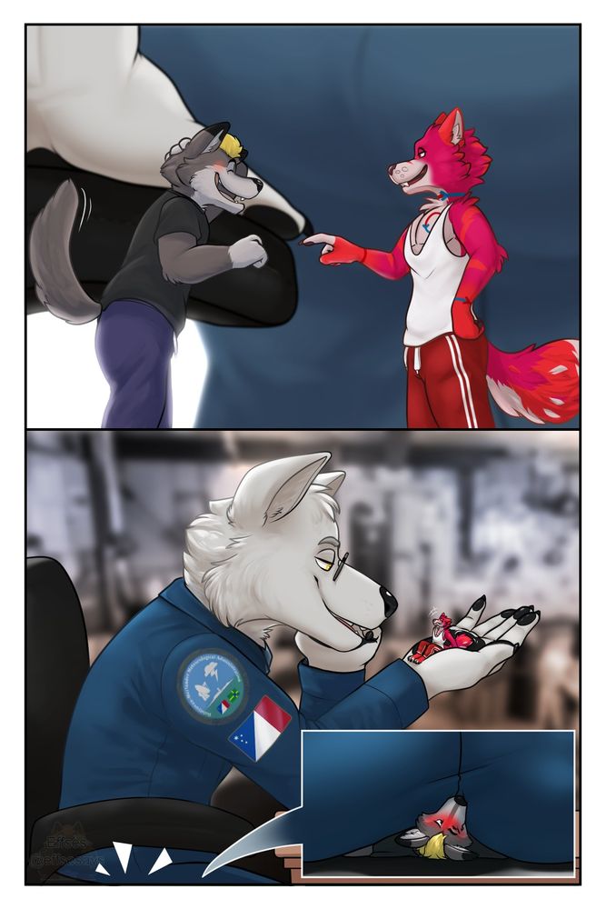Top panel: A blushing wolf, Tirrell, is chuckling during a conversation with a pink and red-furred wolf, Coilear, who is smirking and pointing at him. They are standing atop a giant office chair with one of its arms in the background. A large grey-furred hand is atop it, as is the form of someone about to take a seat.

Bottom panel: A giant grinning grey wolf in uniform, Hank, is peering down at Coilear who is now seated atop his open palm. The smaller wolf is blushing and grinning somewhat nervously. An insert panel shows Tirrell pressed and pinned flat with arms spread beneath Hank's rear, blushing bright red. He's definitely not unhappy to be there.