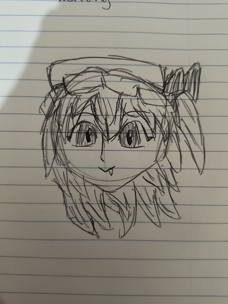 headshot of flandre scarlet from touhou drawn in ballpoint