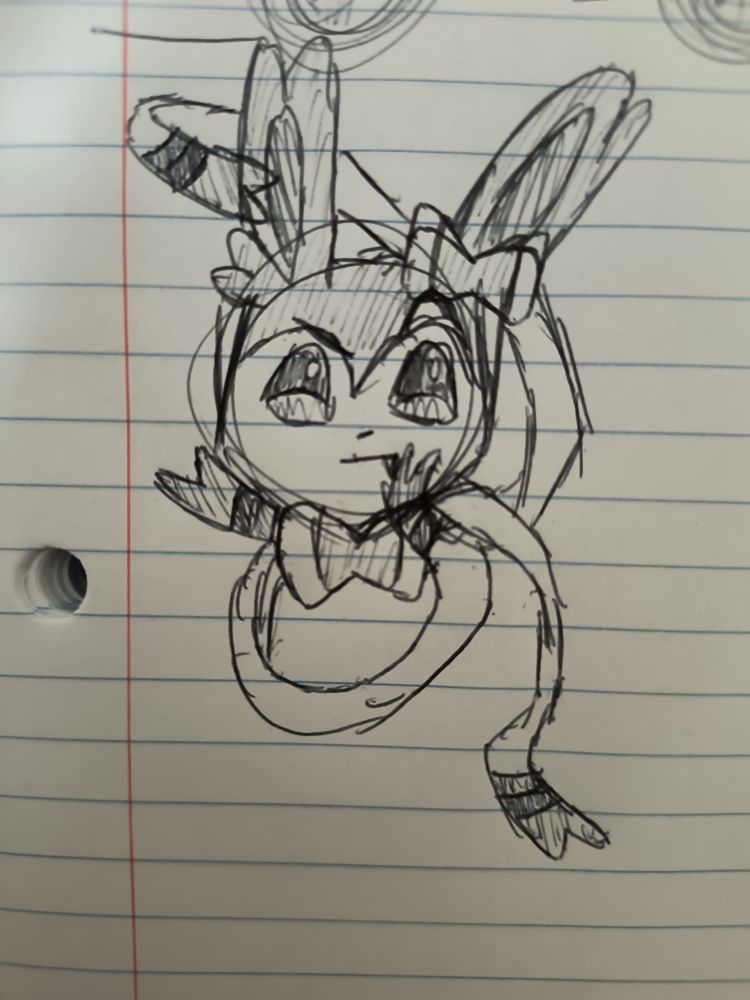 sylveon thinking and rubbing her chin with her ribbon drawn in ballpoint