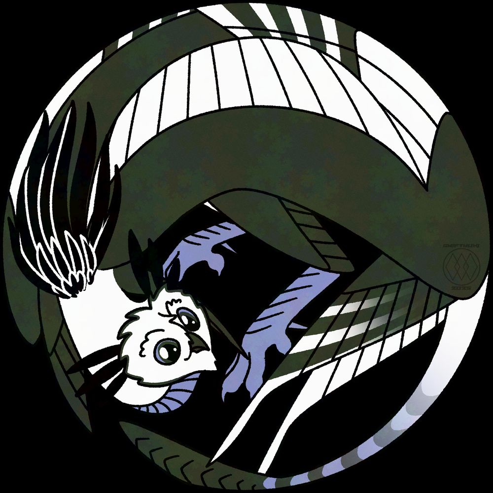An avian-raptor kind of creature curled up into a circle