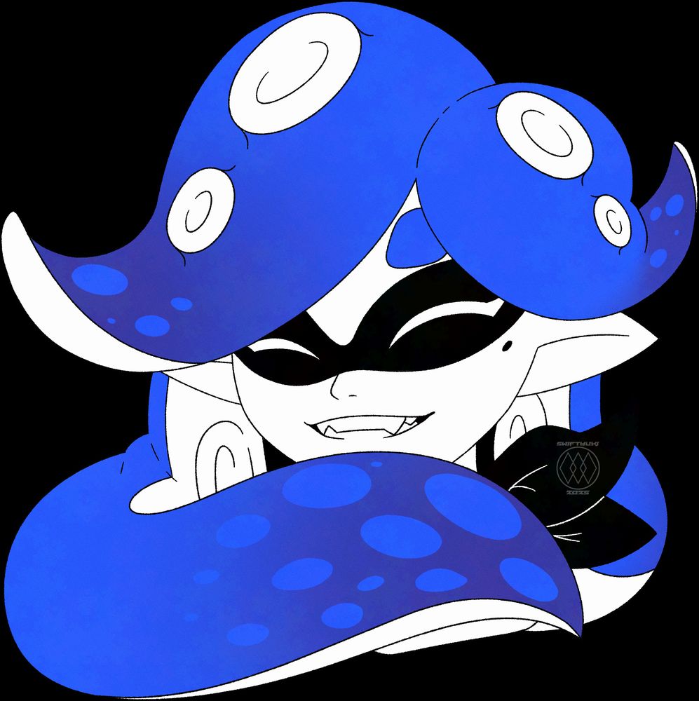 An inkling, Octoling hybrid named Navy, giving a little smile.