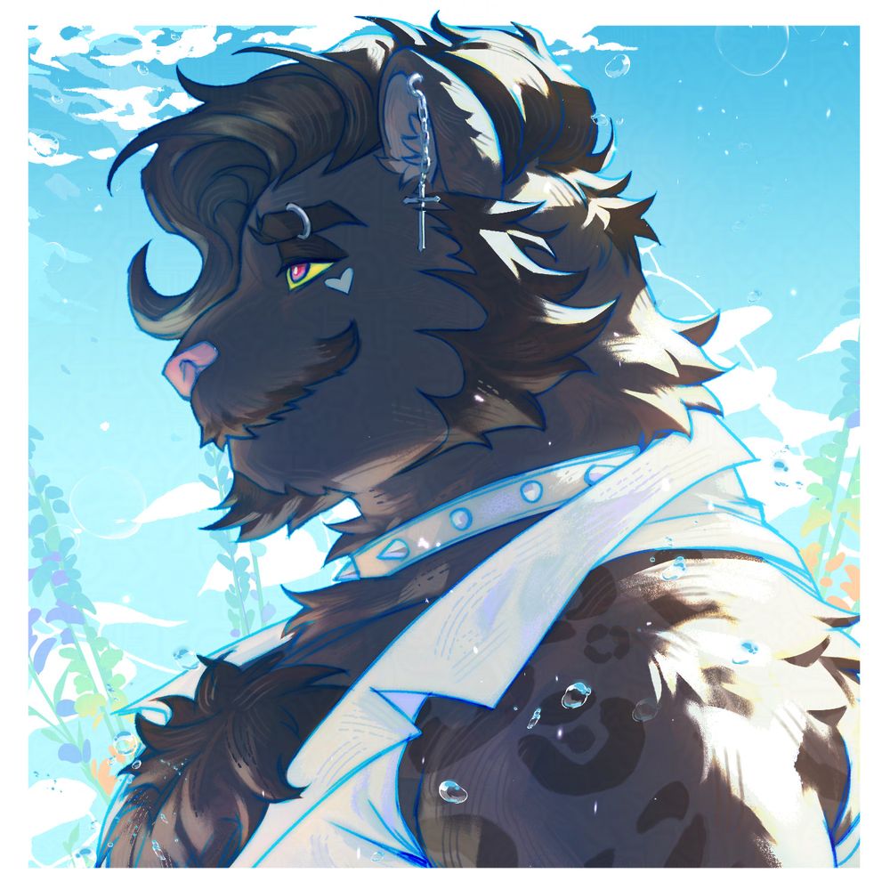 An art piece of my fursona, Vixent, a classy mustached black jaguar panther with a heart on his cheek, accessorized with a white spiked collar and sleeveless vest, looking to the side with a clear blue sky in the background adorned with various flora.