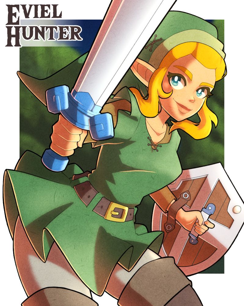 Princess Zelda, her incarnation from echoes of wisdom, wearing the green tunic and a sword and a shield.