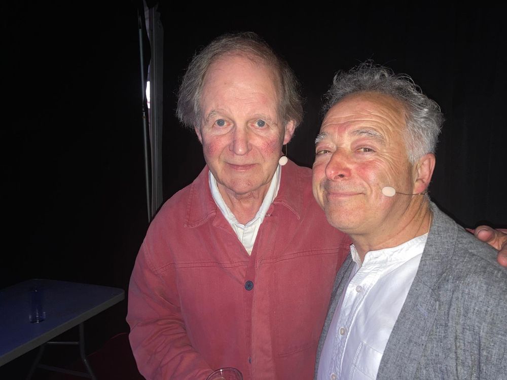 Sir Michael Morpurgo and Frank Cottrell-Boyce backstage at Hay Festival