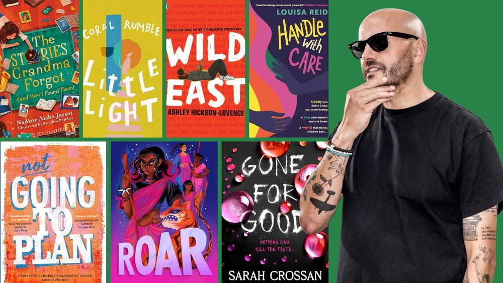 A photo of Matt Goodfellow wearing sunglasses and stroking his chin and the front covers of The Stories Grandma Forgot, Little Light, Wild East, Handle With Care, Not Going to Plan, Roar, and Gone for Good