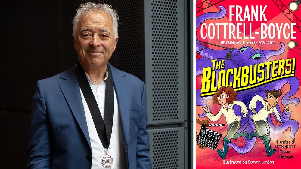 Frank Cottrell-Boyce wearing his Children's Laureate medal and the front cover of The Blockbusters