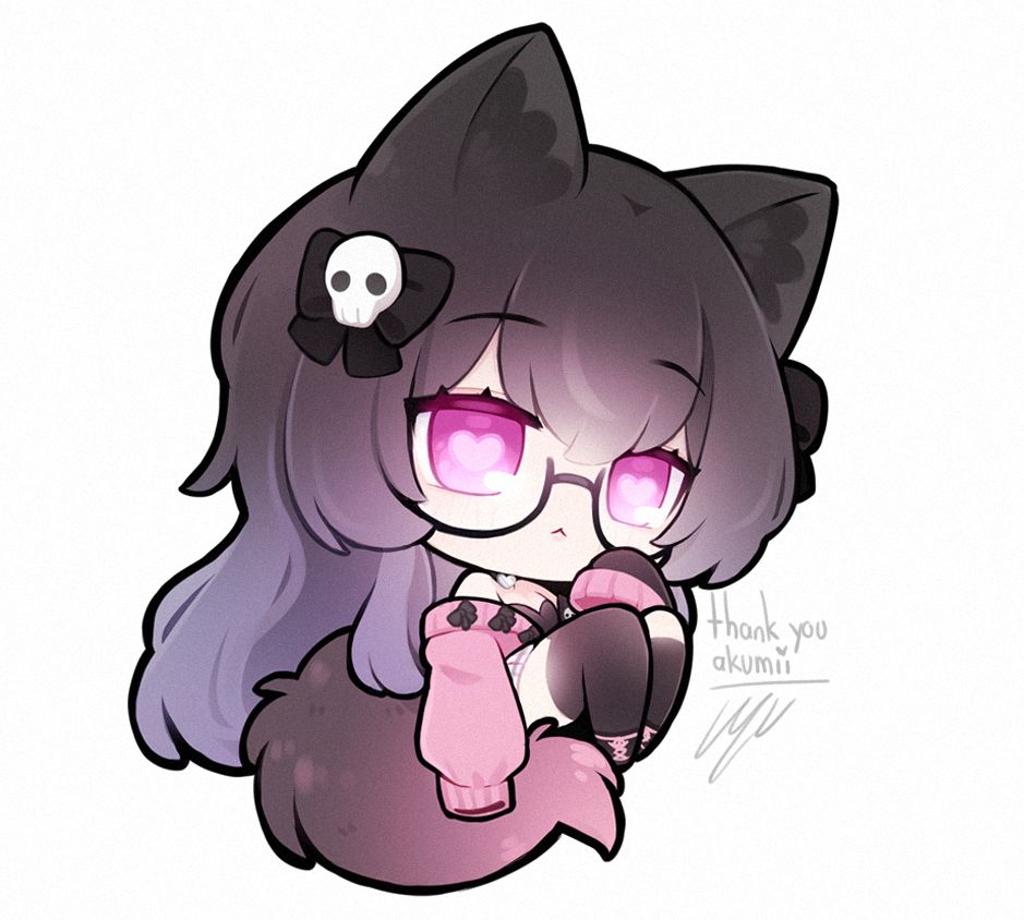 Chibi of a catgirl with black hair and black bows wearing a pink and black cardgian sitting on their black and pink tail. They have heart eyes as well. 