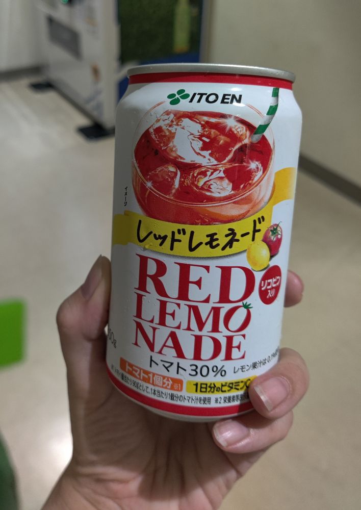 A canned Iton En beverage named "Red Lemonade", which turns out to be made of tomato and lemon.