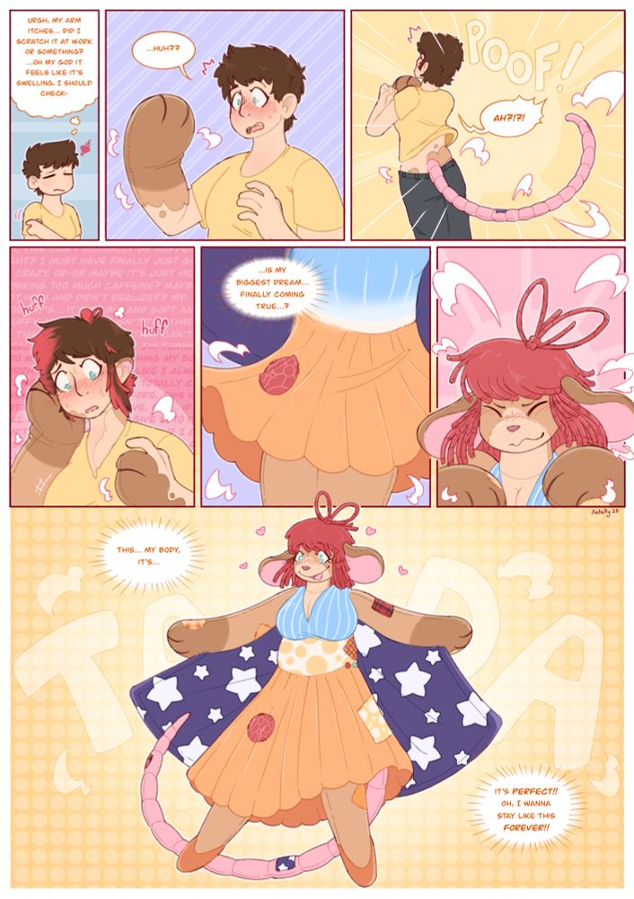 A girl is minding her own business when she suddenly feels something weird about her arm. It’s… plush?! As the transformation quickly progresses, she begins to panic, only to be overcome with euphoria as she becomes what she’s always wanted to be: a big plushie mouse!!