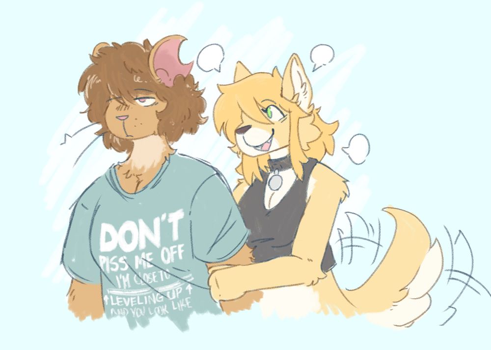 A wooly mouse girl and a yellow dog girl stand together, the dog talking to the mouse excitedly while she looks away, seemingly annoyed. Don’t worry, she’s secretly having the time of her life, even if she won’t admit it <3