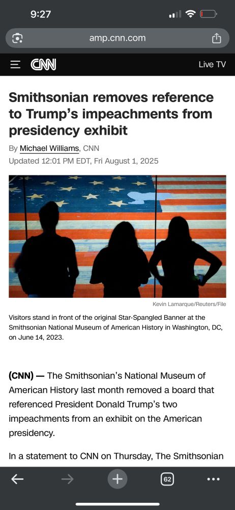 Headline on cnn saying the Smithsonian has removed reference to trumps two impeachments 