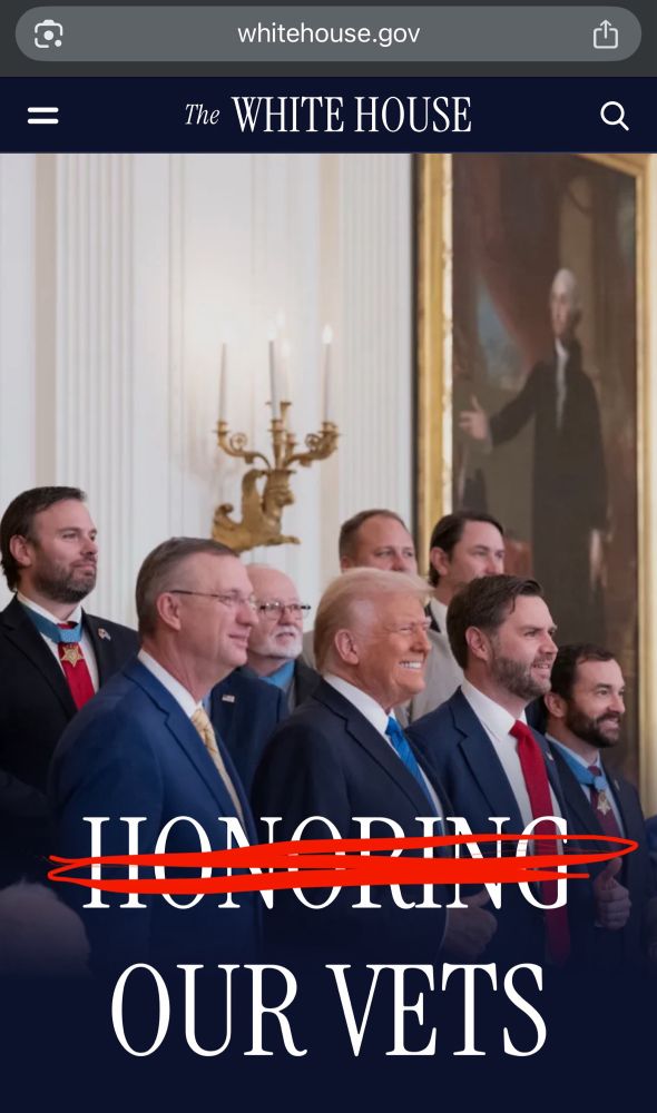 A screenshot of the White House website that shows Trump with a caption “Honoring Our Vets” 