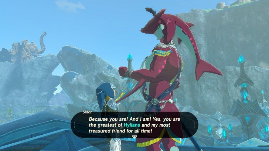 Screenshot of Breath of the Wild, Link standing beside Prince Sidon.