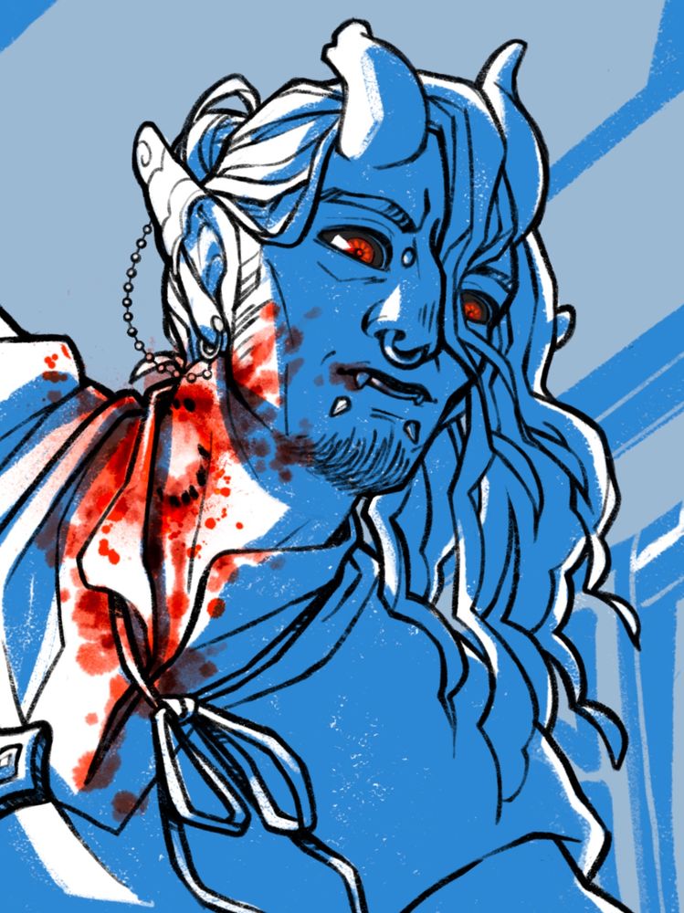 A close up of Eidolon’s face and the bite on his throat.