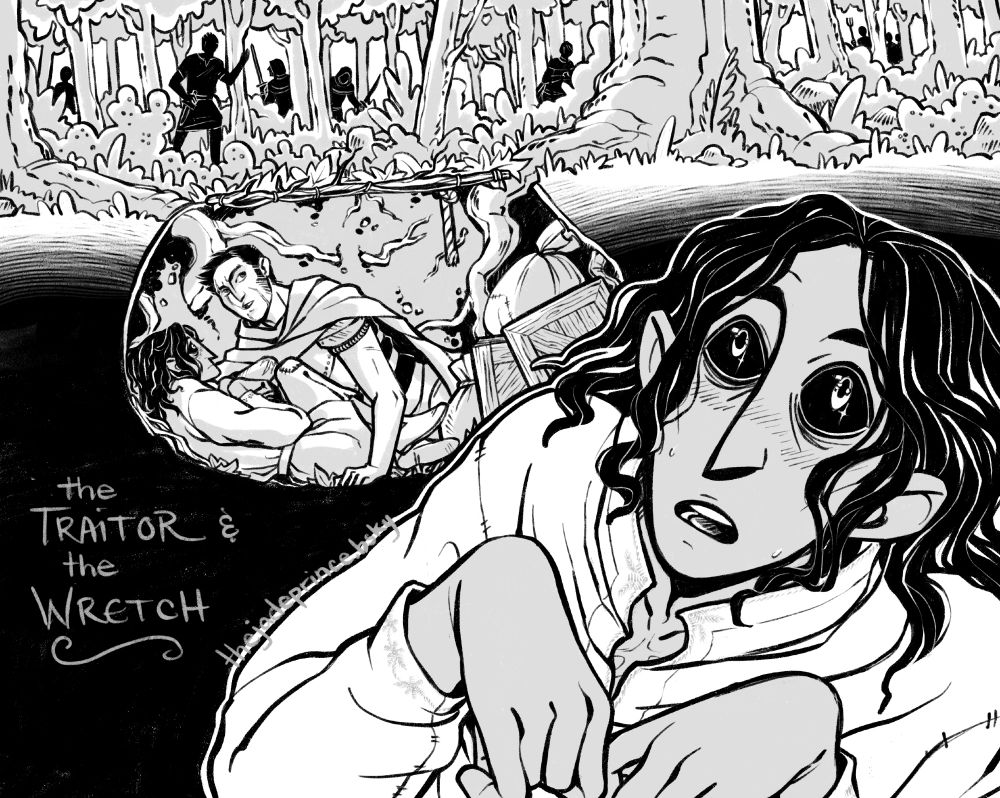 A black and white illustration of a scene from the book The Traitor & the Wretch where the two main characters (Percy and Knell) hide from a violent mob by hunkering down in a secret —and very small— underground supply cache. A close up of Knell and his awestruck expression is overlaid in the foreground.