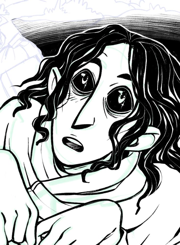 A cropped screenshot of a wip drawing of one of the main characters from the book The Traitor & The Wretch, Knell. He is looking up at something or someone with stars in his black sclera eyes.