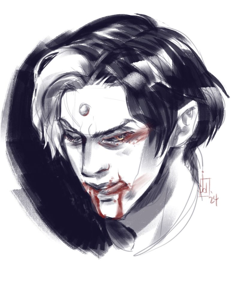 A loose ink sketch (digital) 3/4 head shot of Emet-Selch from FFXIV (an attractive, kind of intense, tragic nerd/asshole). He’s got short, wavy dark hair, with a white streak on his right side. He has a third eye in the center of his brow which looks like a round, white pearl. In this drawing he's got a split lip that he is licking with the top of his tongue. Blood is dripping out of his mouth on both sides and a spattering near his closer eye has been smeared as if wiped away. His brows are furrowed like he's wincing, but there's the hint of a smirk on his mouth. The image is black and white except for the blood (red) and the iris of his nearer eye (gold).